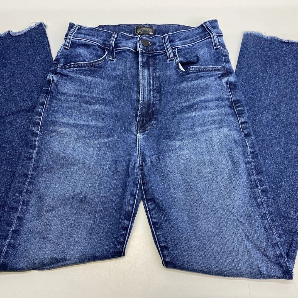 NEW MOTHER Women’s The Hustler Ankle Fray Flare Jeans Size 27 Dark Blue